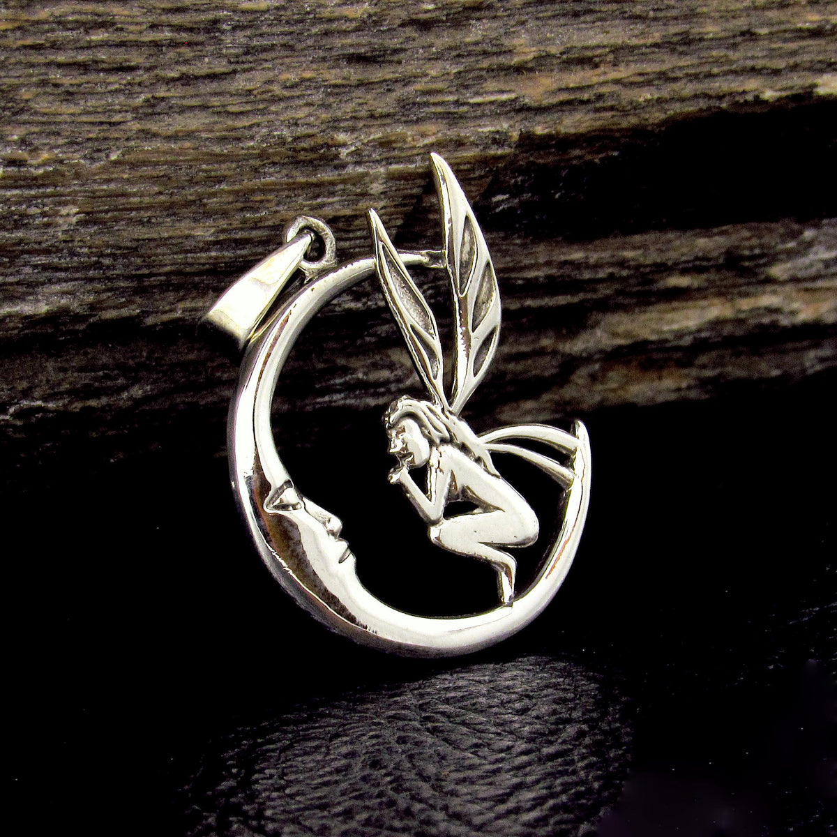 Solid 925 Sterling Silver Fairy Moon Pendant, Crescent Moon Fairycore Amulet, Mystical Fantasy Jewelry