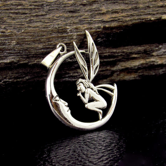 Solid 925 Sterling Silver Fairy Moon Pendant, Crescent Moon Fairycore Amulet, Mystical Fantasy Jewelry