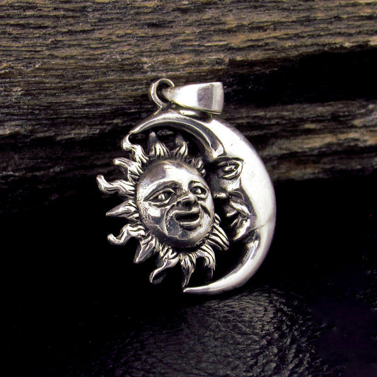 Solid 925 Sterling Silver Sun and Crescent Moon Faces Pendant, Cosmic Solar & Lunar Amulet