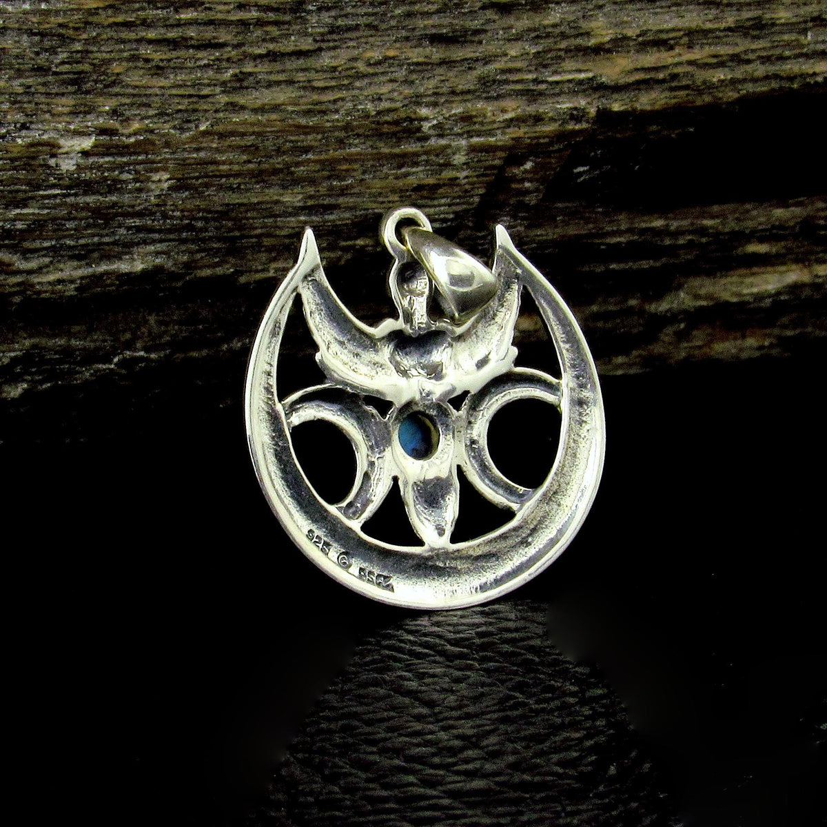 Solid 925 Sterling Silver Goddess Triple Moon Rainbow Moonstone Pendant, Maiden Mother Crone Amulet