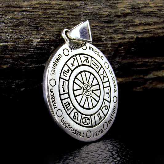 Solid 925 Sterling Silver Wheel of the Year Pendant, Pagan Sabbat Zodiac Calendar Amulet