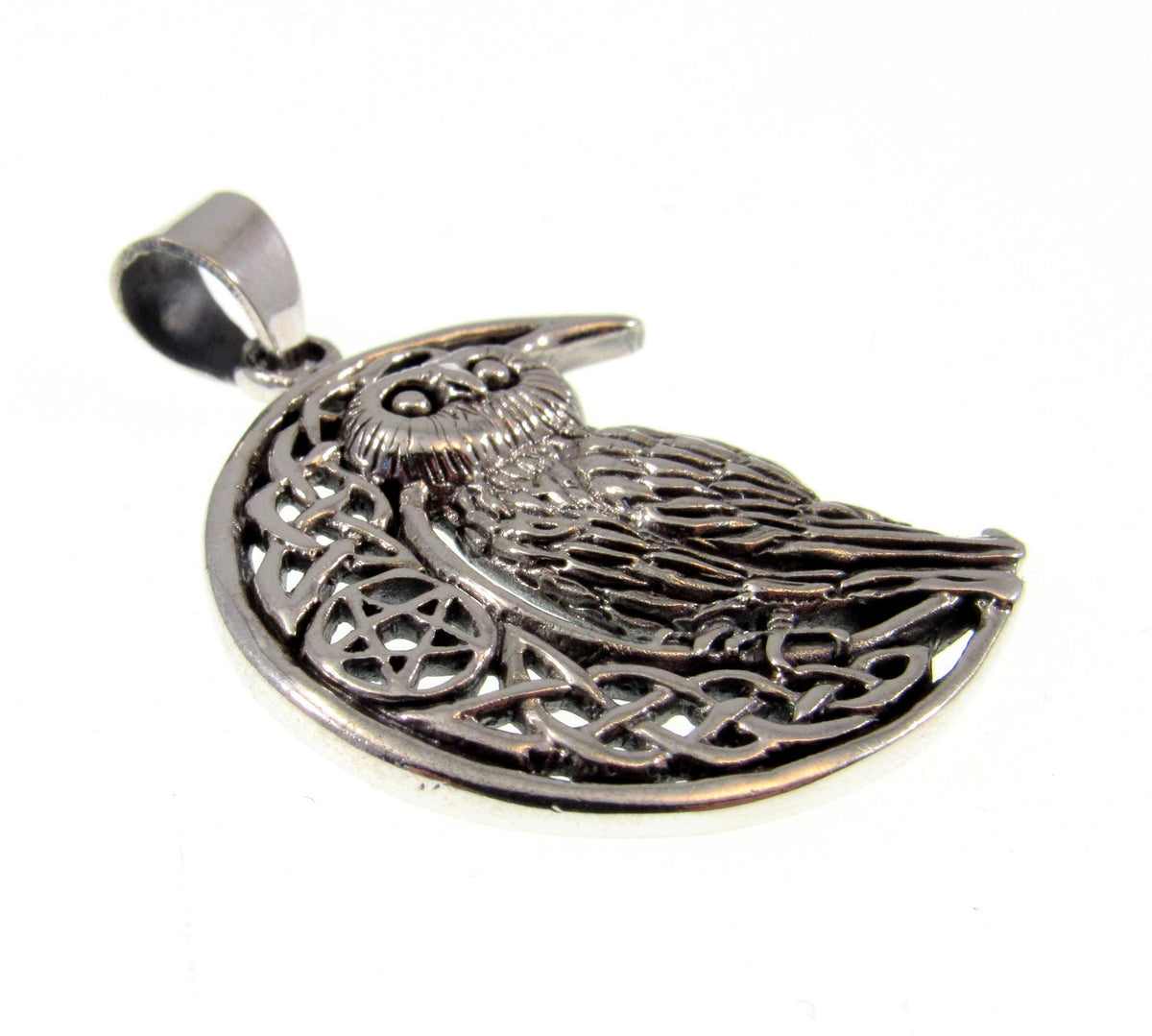 Solid 925 Sterling Silver Owl Crescent Moon Pendant, Celtic Knot Pentacle Wisdom Amulet