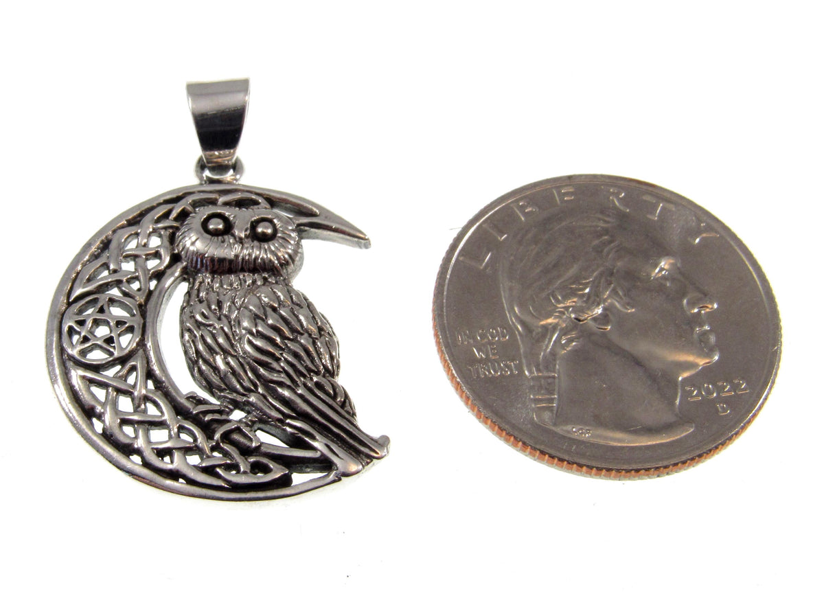 Solid 925 Sterling Silver Owl Crescent Moon Pendant, Celtic Knot Pentacle Wisdom Amulet
