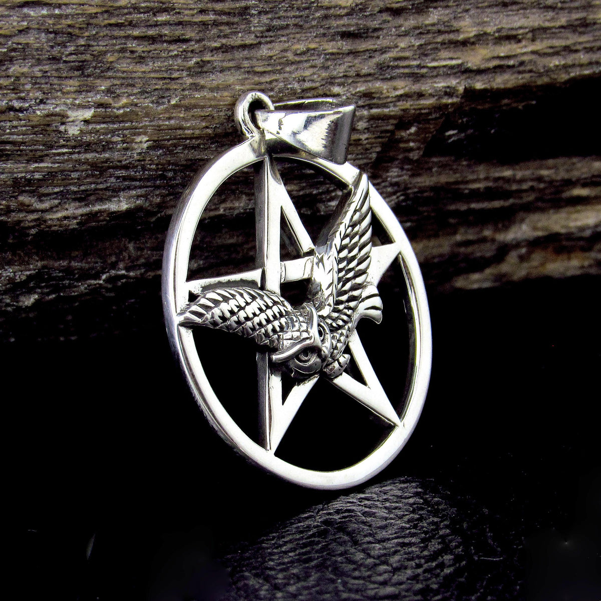 Solid 925 Sterling Silver Pentacle Pendant, Flying Owl Pentagram Amulet, Pagan Protection Talisman