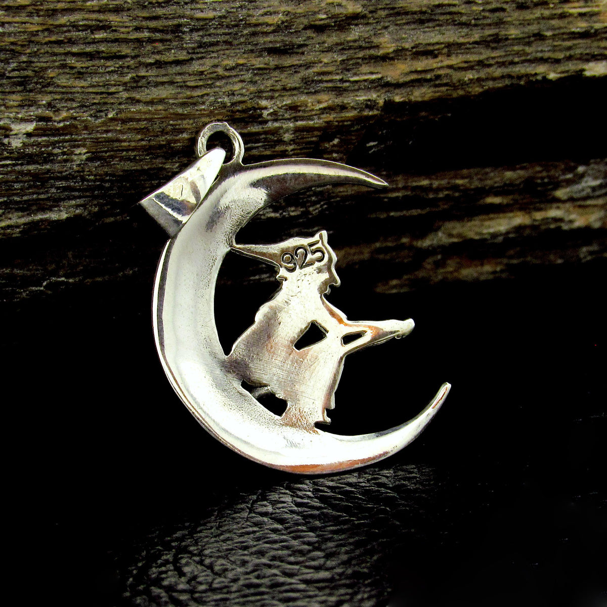 Solid 925 Sterling Silver Witch Flying on Crescent Moon Pendant, Wiccan Pagan Witchcraft Jewelry