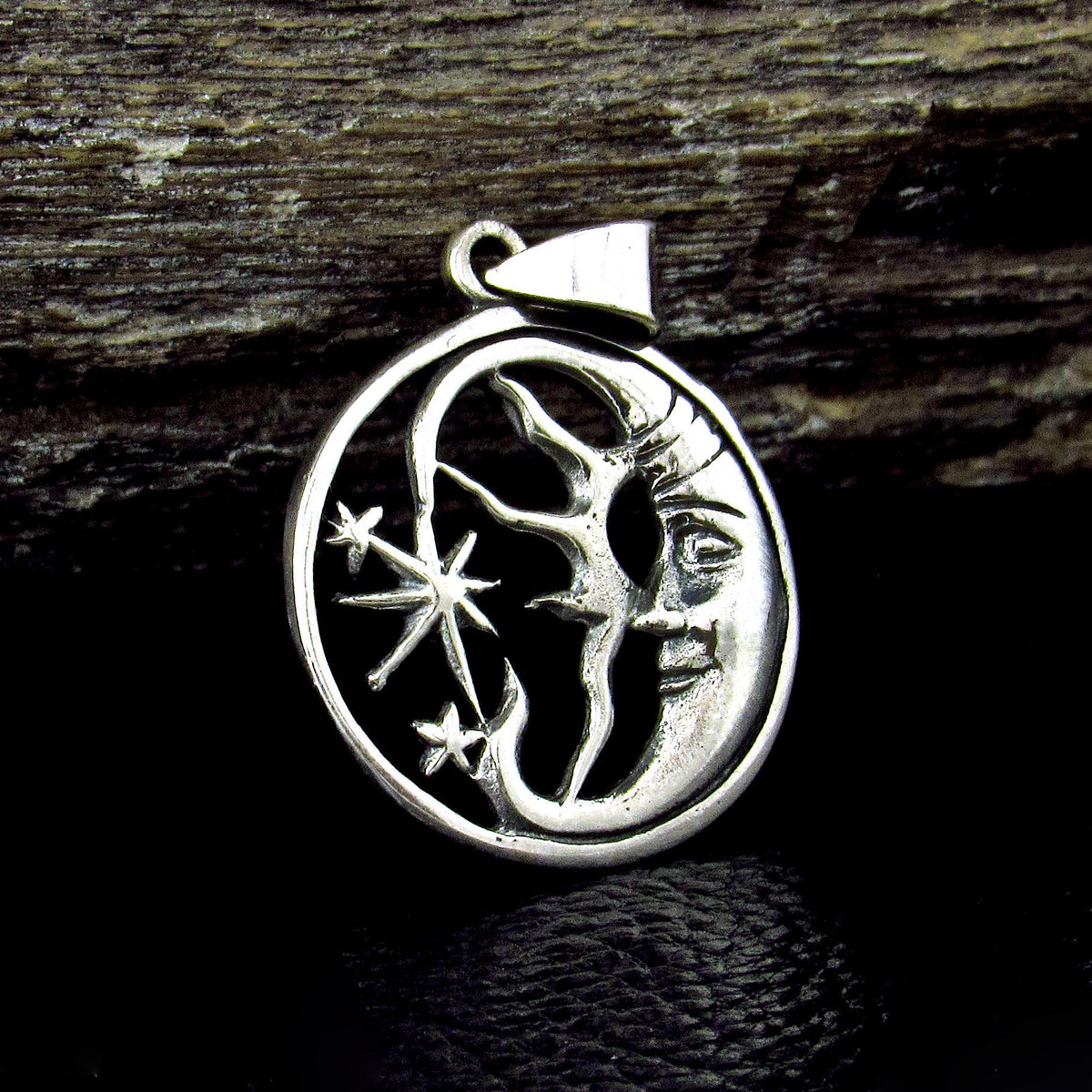 Solid 925 Sterling Silver Crescent Moon Face Pendant, Celestial Stars Amulet, Astrology Jewelry