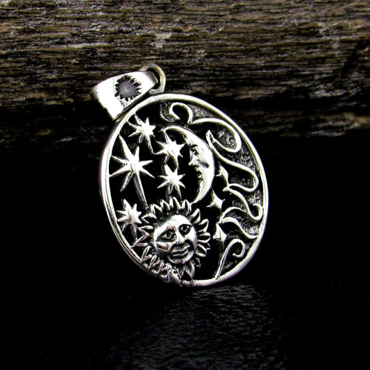 Solid 925 Sterling Silver Sun Moon Stars Pendant with Cosmic Waves, Celestial Astrology Jewelry
