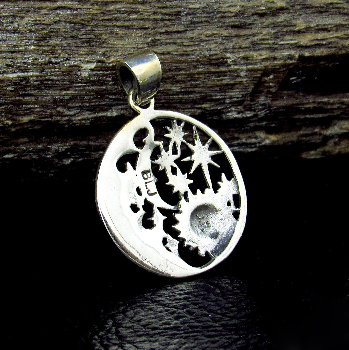 Solid 925 Sterling Silver Sun Moon Stars Pendant with Cosmic Waves, Celestial Astrology Jewelry