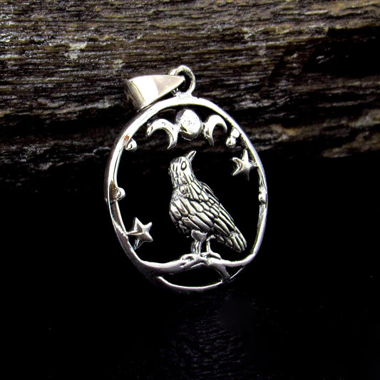 Solid 925 Sterling Silver Raven Moon and Stars Pendant, Gothic Celestial Crow Amulet