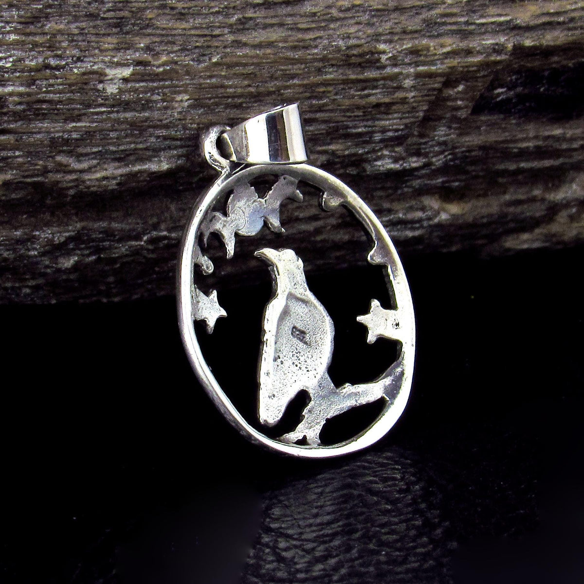 Solid 925 Sterling Silver Raven Moon and Stars Pendant, Gothic Celestial Crow Amulet