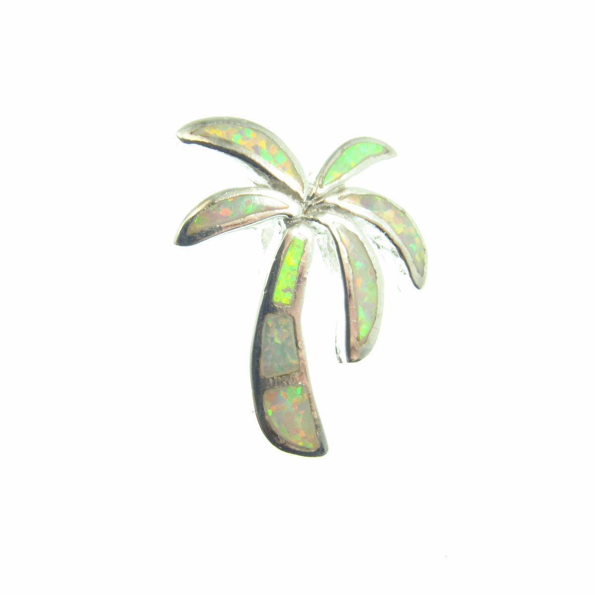 Solid 925 Sterling Silver Palm Tree Slide Pendant with Lab Opal Inlay — Beach Lover Gift
