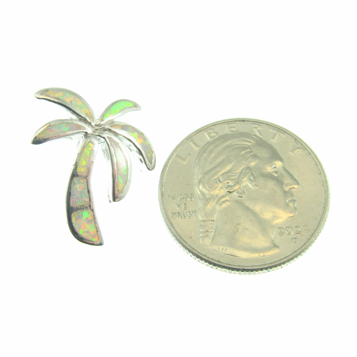 Solid 925 Sterling Silver Palm Tree Slide Pendant with Lab Opal Inlay — Beach Lover Gift