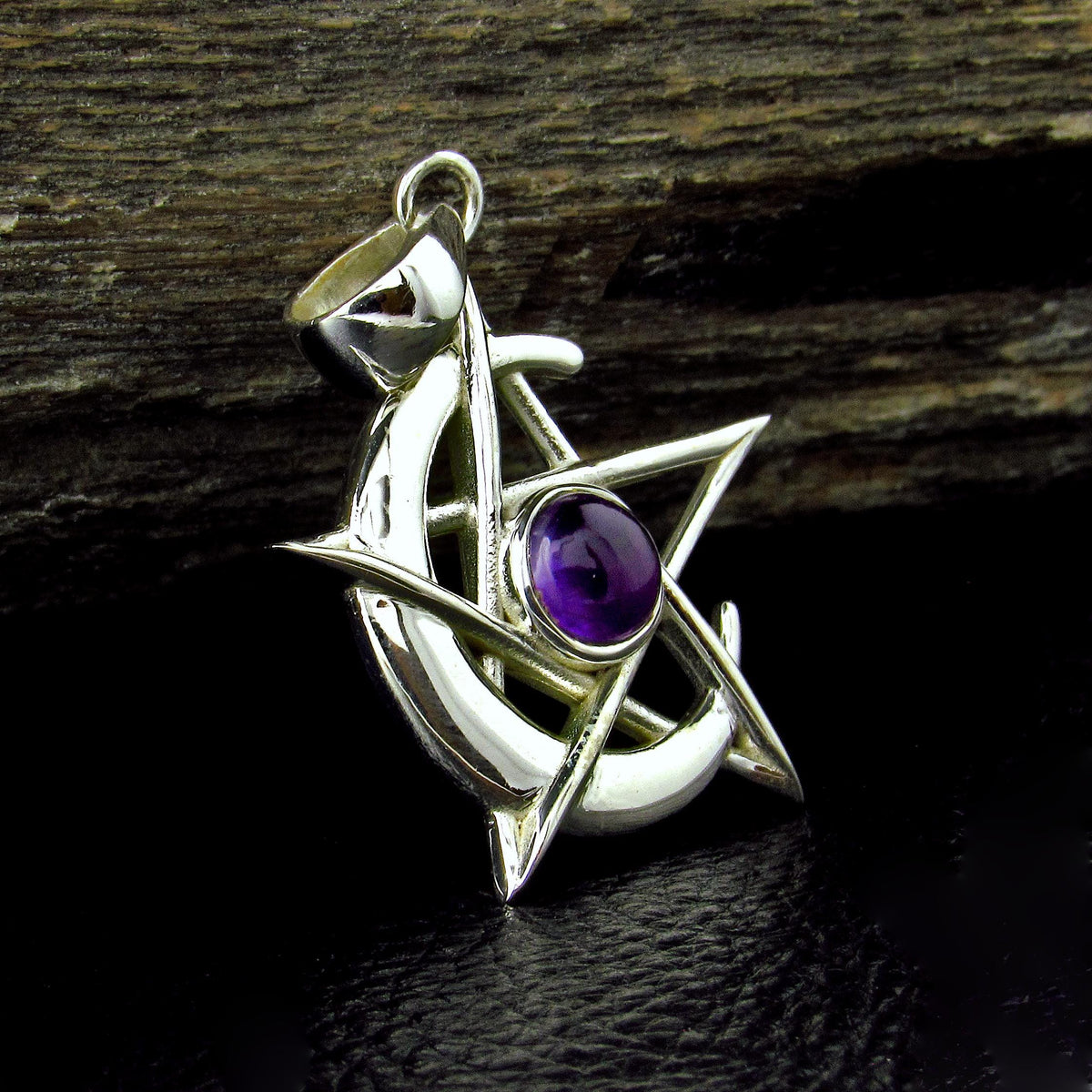 Solid 925 Sterling Silver Pentacle Moon Pendant – Amethyst, Moonstone or Onyx – Pagan Protection Symbol