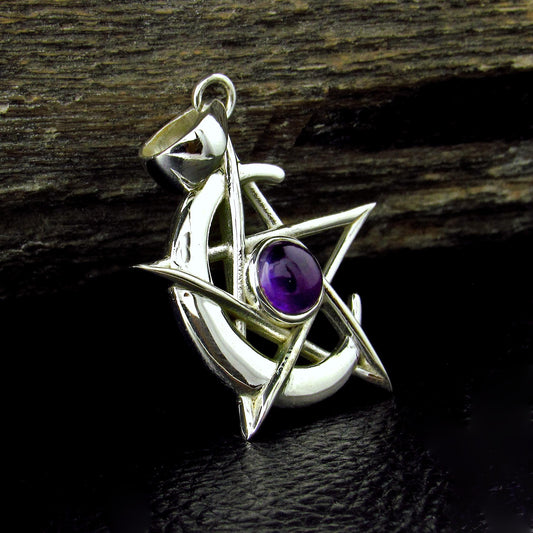 Solid 925 Sterling Silver Pentacle Moon Pendant – Amethyst, Moonstone or Onyx – Pagan Protection Symbol