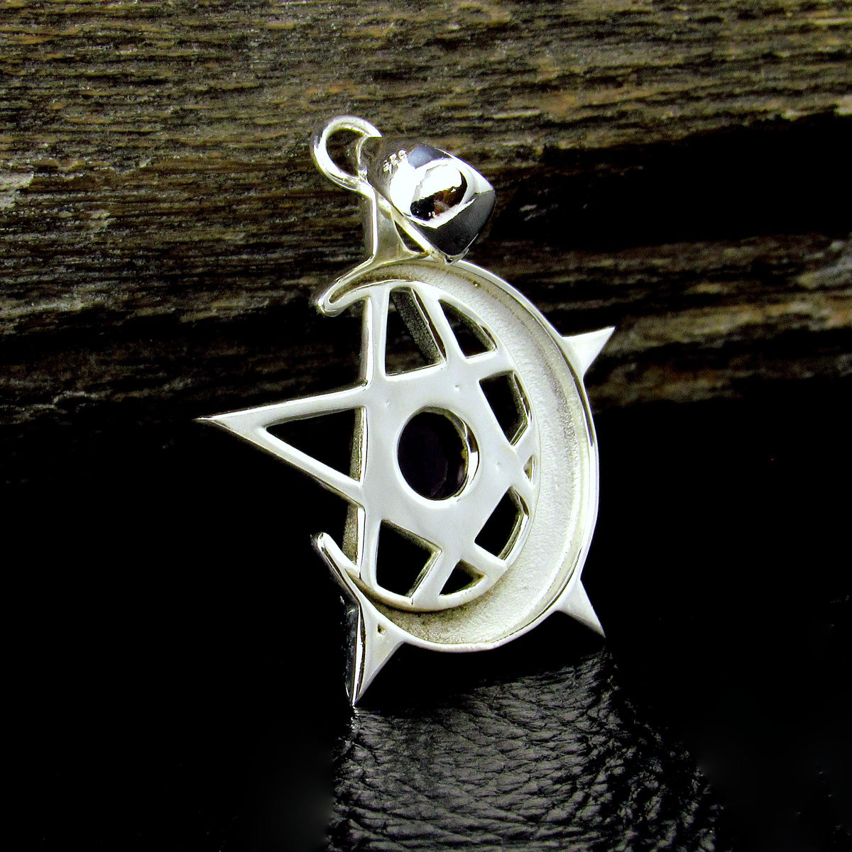 Solid 925 Sterling Silver Pentacle Moon Pendant – Amethyst, Moonstone or Onyx – Pagan Protection Symbol