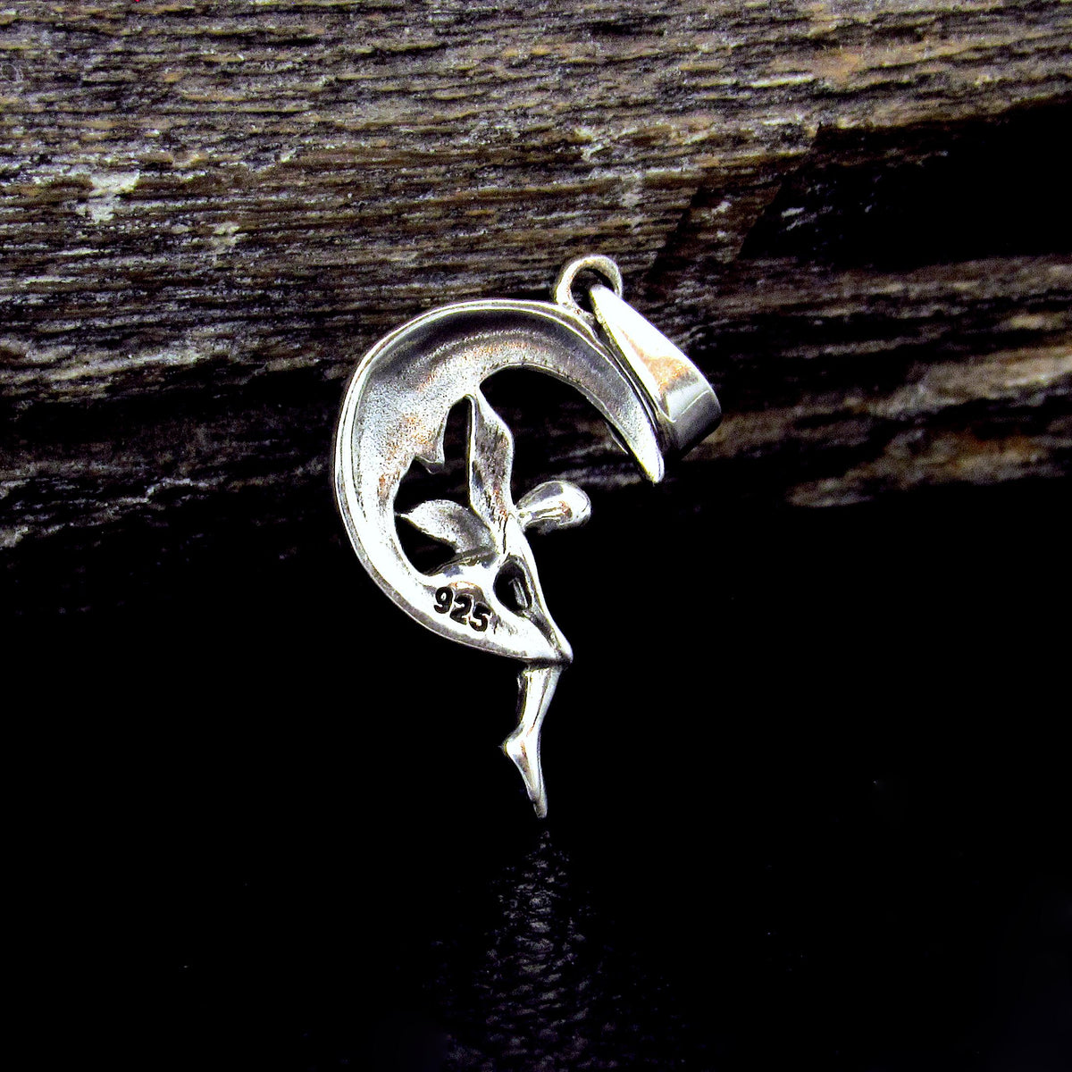 Solid 925 Sterling Silver Moon Fairy Pendant – Crescent Moon Faeire Charm, Celestial Fantasy Jewelry