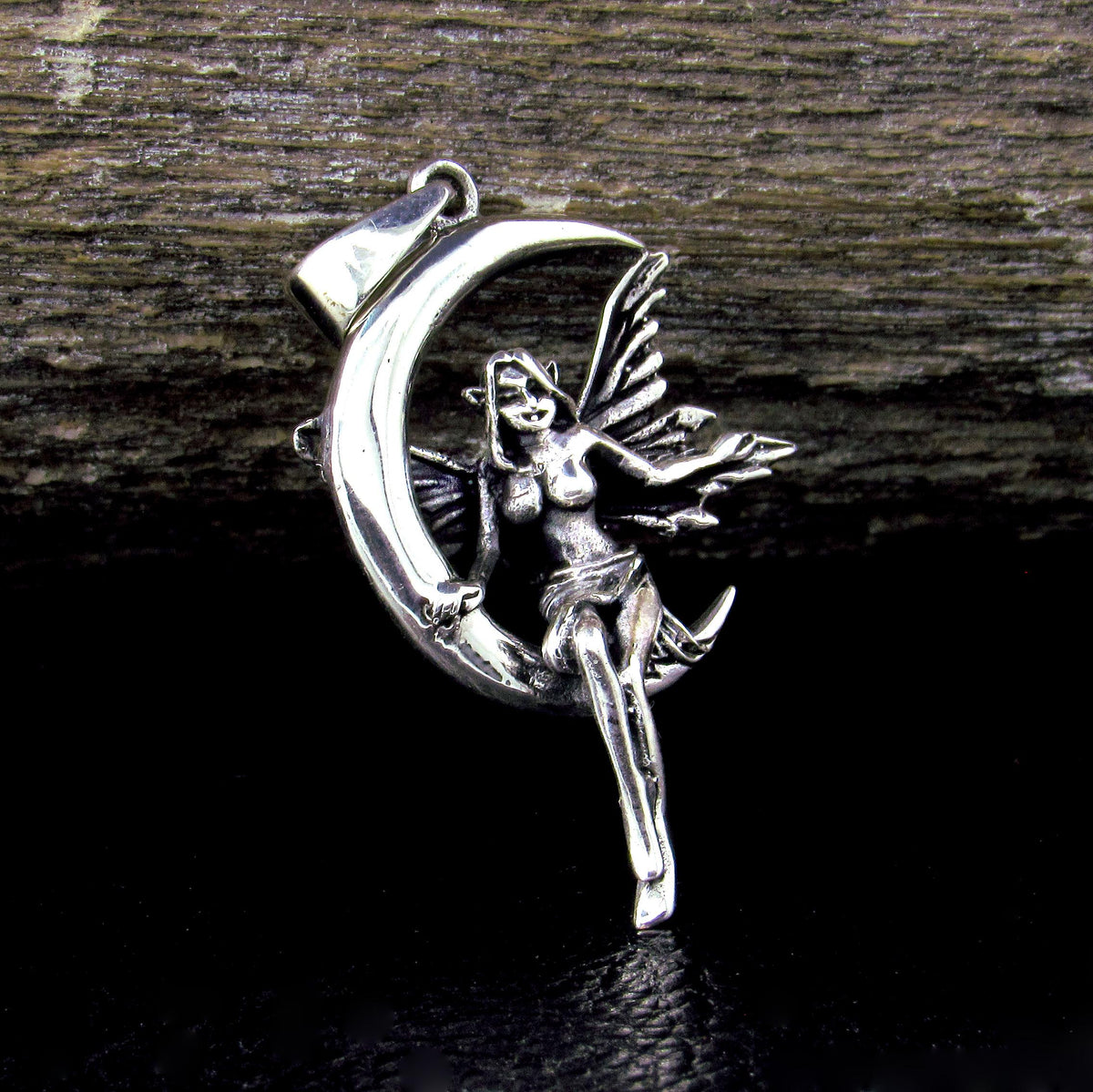 Solid 925 Sterling Silver Fairy on Crescent Moon Pendant, Magic Celestial Faerie Amulet