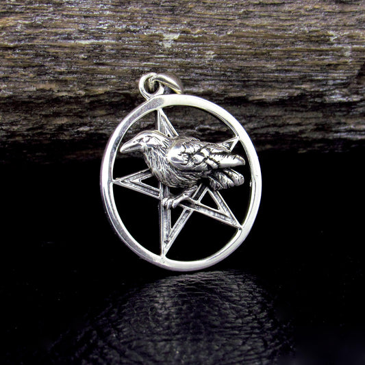 Solid 925 Sterling Silver Raven of Prophecy Pentacle Pentagram Talisman – Gothic Occult Protection Pendant