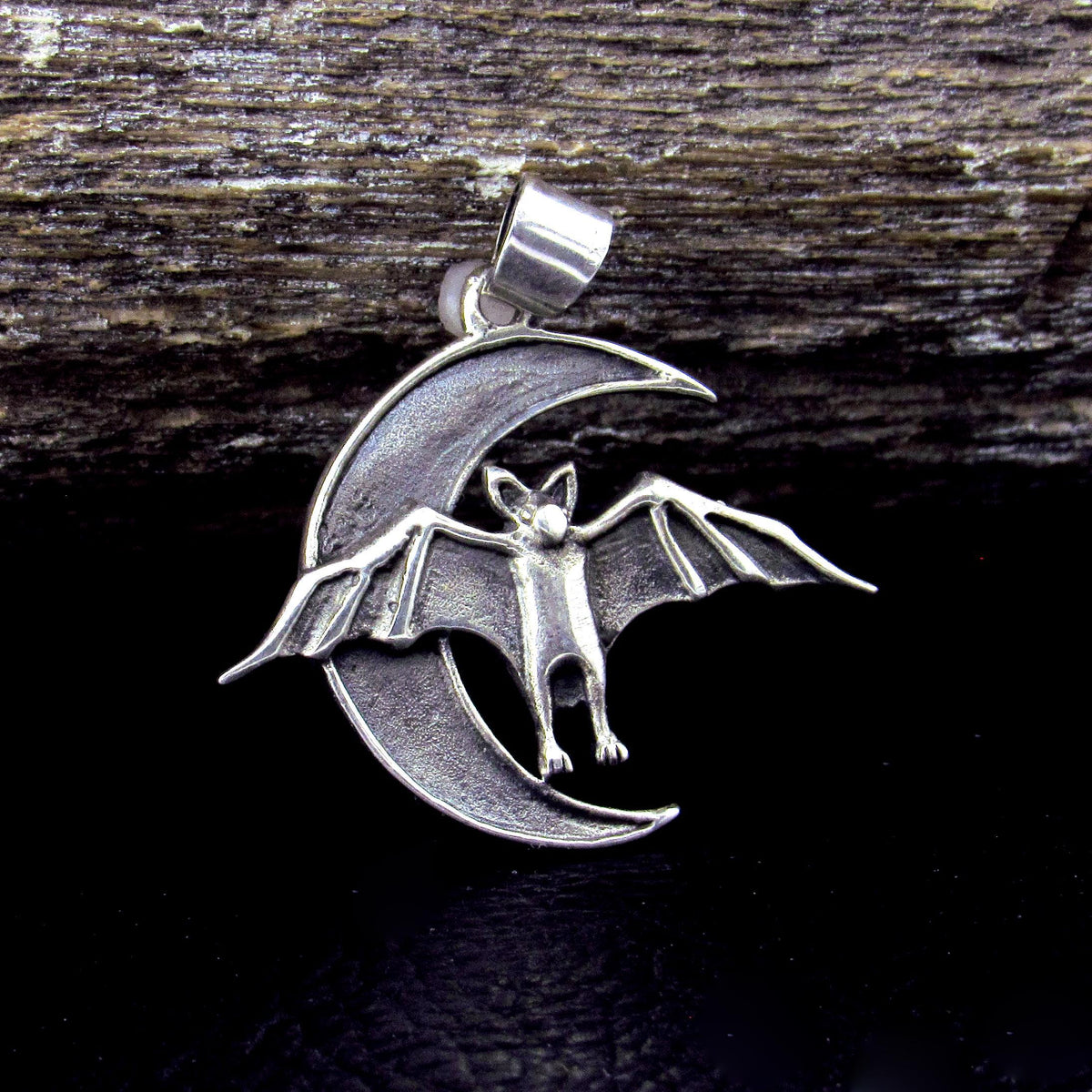 Solid 925 Sterling Silver Bat and Crescent Moon Pendant – Gothic Lunar Bat Necklace Amulet