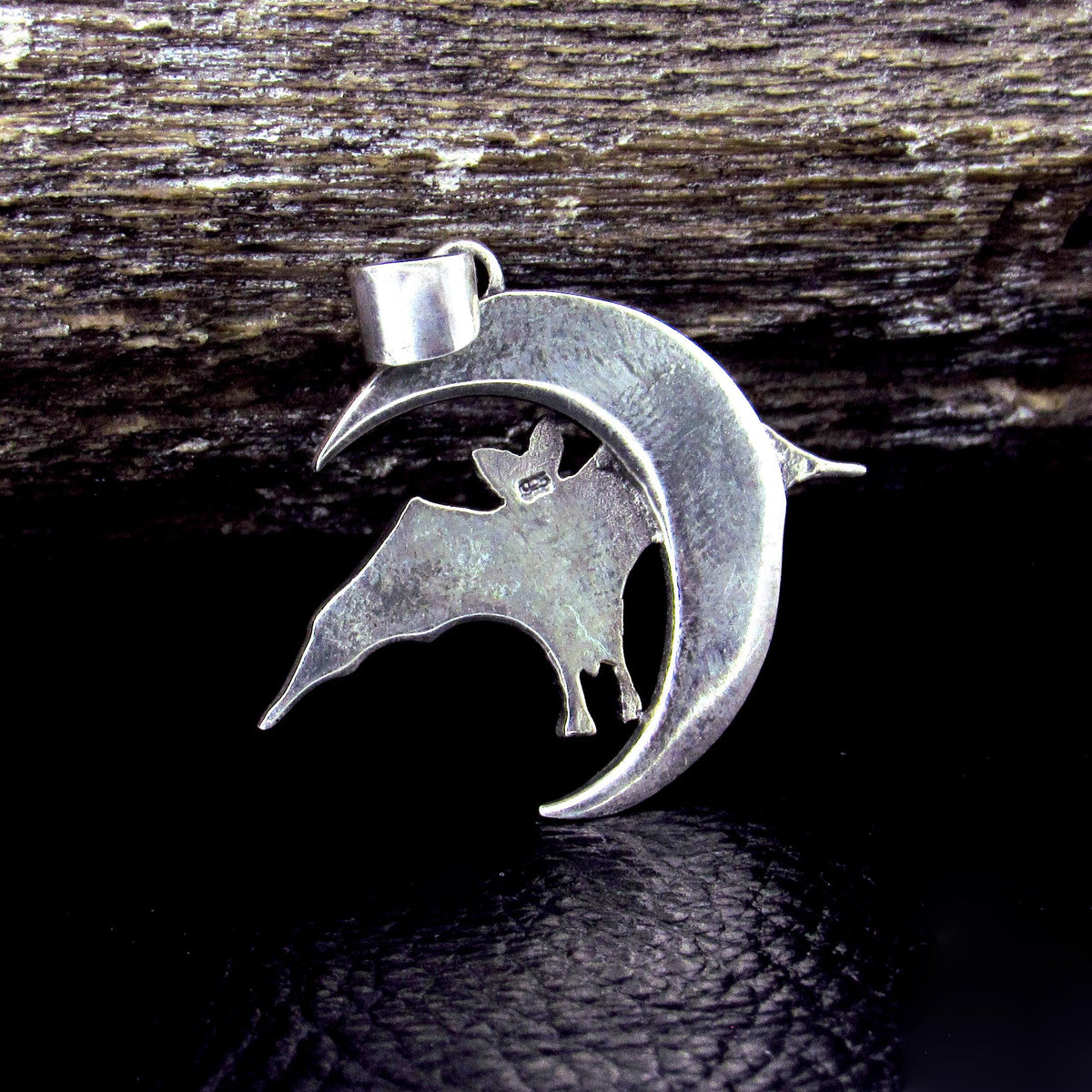 Solid 925 Sterling Silver Bat and Crescent Moon Pendant – Gothic Lunar Bat Necklace Amulet