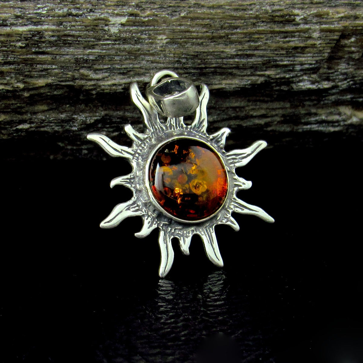 Solid 925 Sterling Silver Amber Sun Pendant – Baltic Amber Solar Necklace, Honey or Green