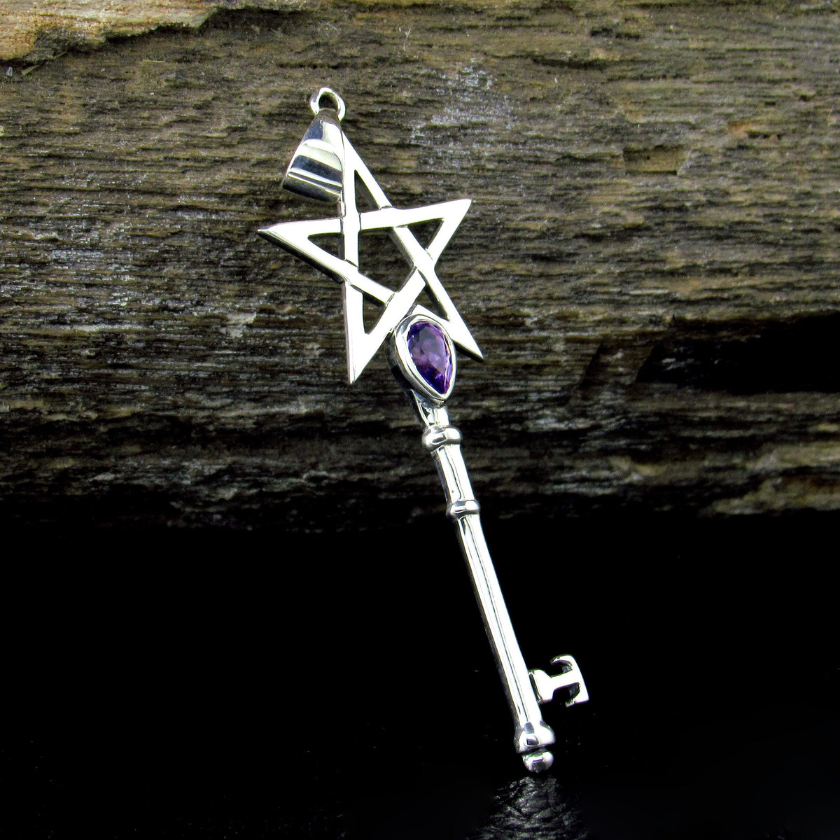 Solid 925 Sterling Silver Pentagram Key Gemstone Pendant – Amethyst Garnet Moonstone Labradorite Topaz