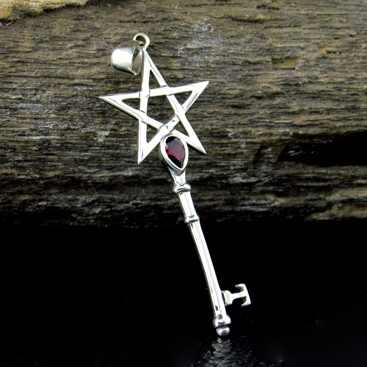Solid 925 Sterling Silver Pentagram Key Gemstone Pendant – Amethyst Garnet Moonstone Labradorite Topaz