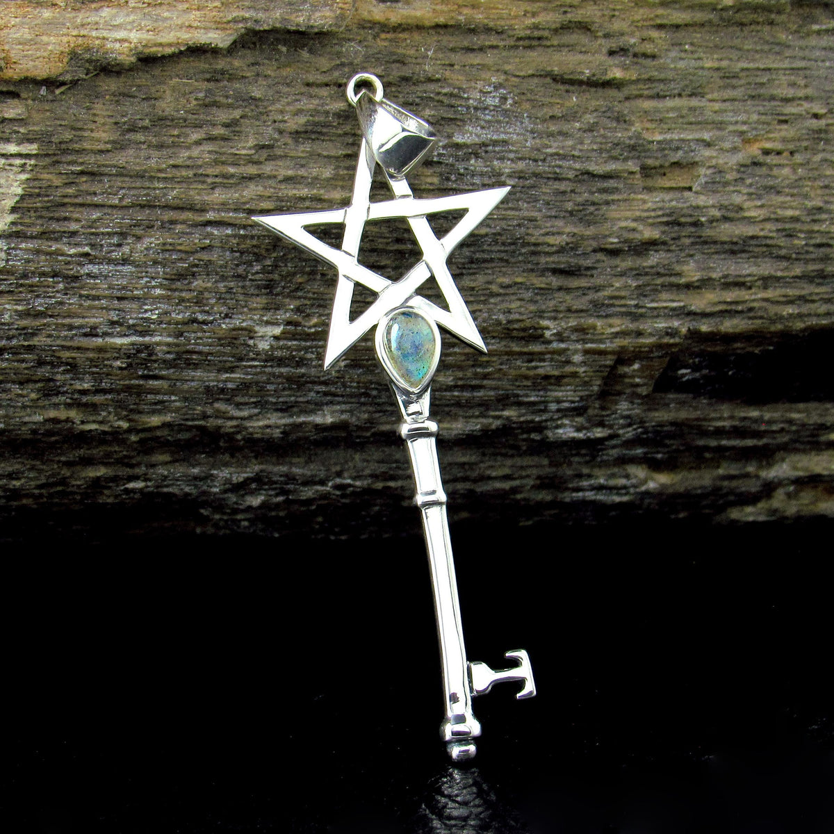 Solid 925 Sterling Silver Pentagram Key Gemstone Pendant – Amethyst Garnet Moonstone Labradorite Topaz