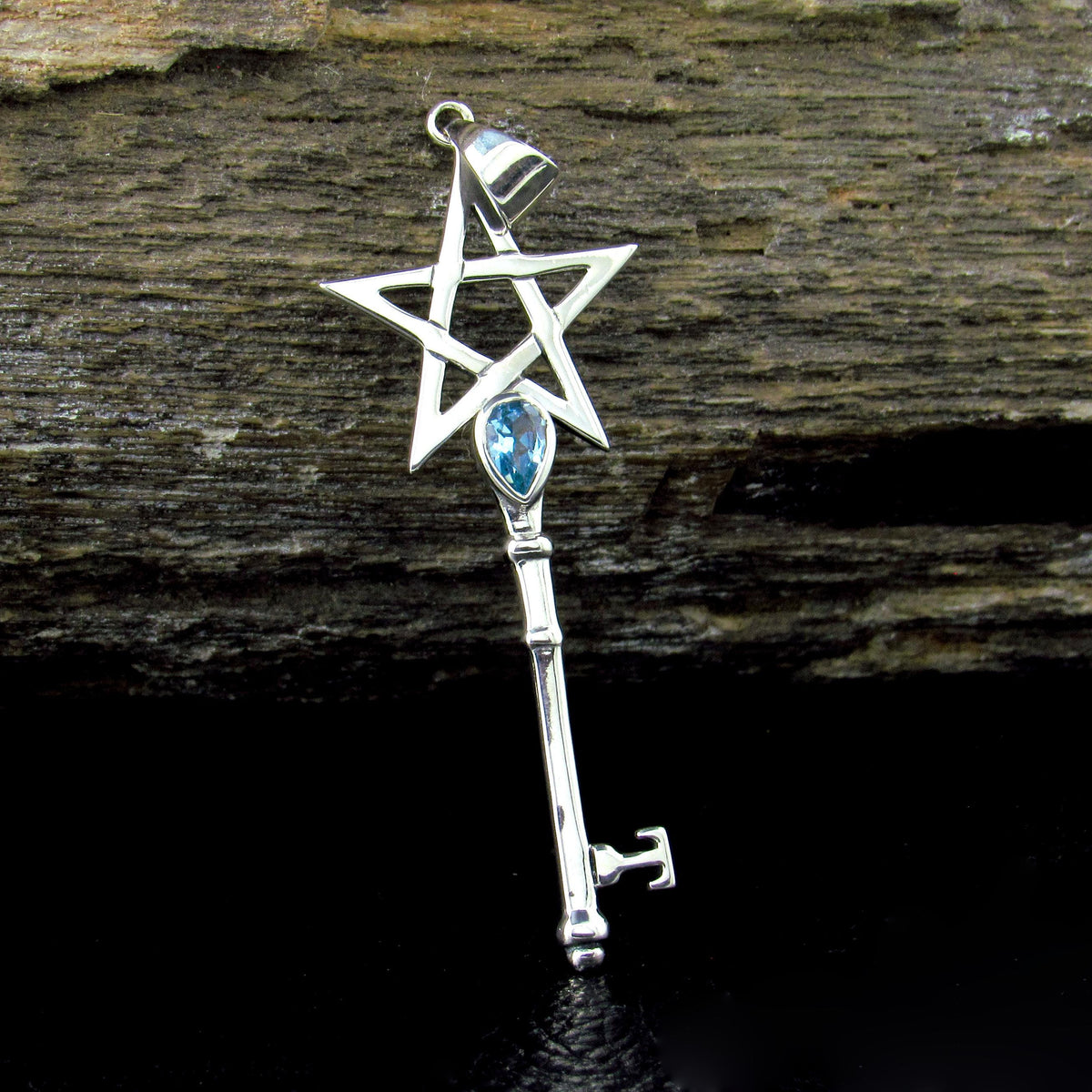 Solid 925 Sterling Silver Pentagram Key Gemstone Pendant – Amethyst Garnet Moonstone Labradorite Topaz