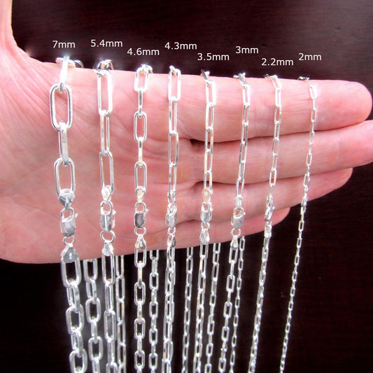 Solid 925 Sterling Silver Paperclip Chain, Italian Unisex Necklace / Bracelet for Men & Women, 2mm - 7mm, Elongated Rectangle Link Jewelry