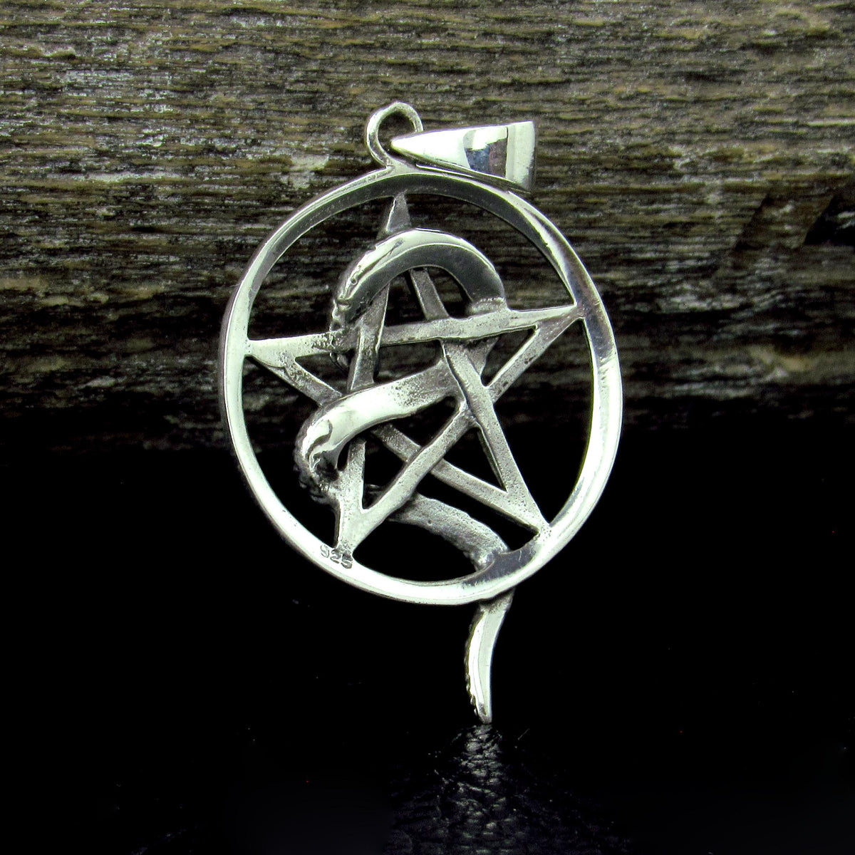Solid 925 Sterling Silver Snake Pentagram Pendant, Serpent Wrapped Pentacle Pagan Amulet