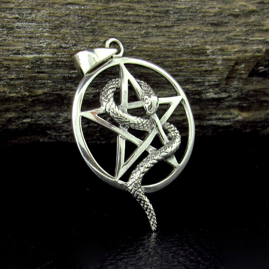 Solid 925 Sterling Silver Snake Pentagram Pendant, Serpent Wrapped Pentacle Pagan Amulet
