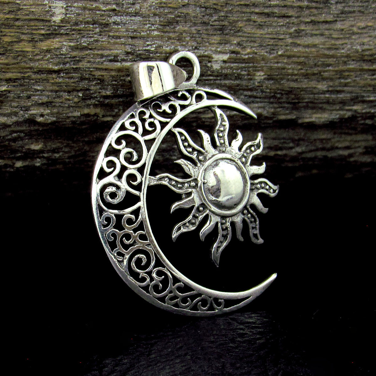 Solid 925 Sterling Silver Sun and Moon Pendant – Celestial Filigree Lunar Solar Talisman