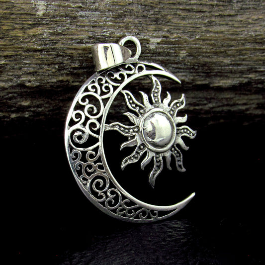 Solid 925 Sterling Silver Sun and Moon Pendant – Celestial Filigree Lunar Solar Talisman