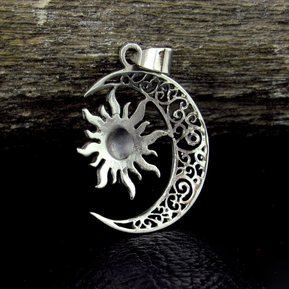 Solid 925 Sterling Silver Sun and Moon Pendant – Celestial Filigree Lunar Solar Talisman