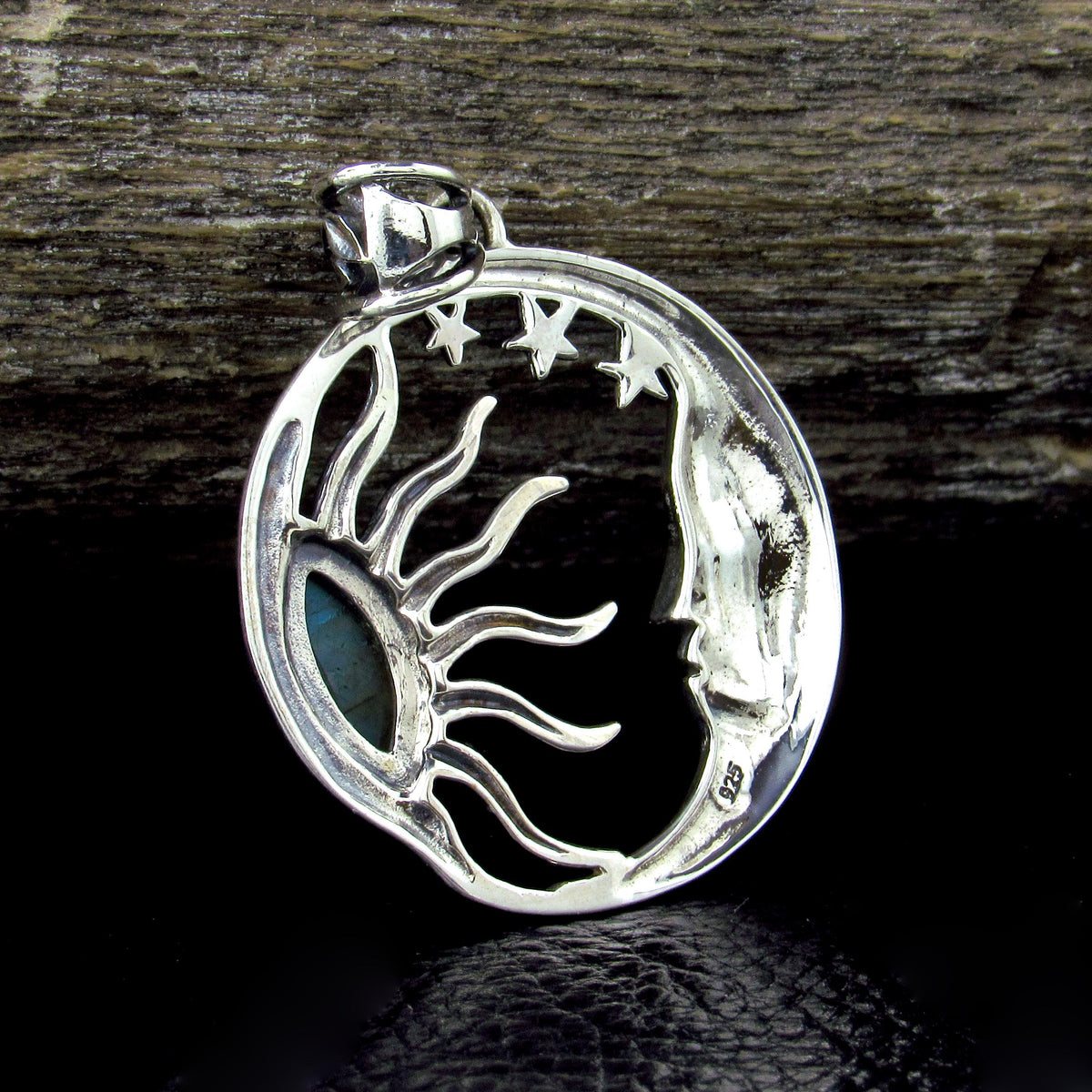 Solid 925 Sterling Silver Sun and Moon Pendant – Labradorite or Rainbow Moonstone Necklace Amulet