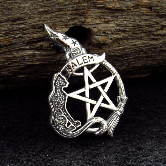 Solid 925 Sterling Silver Salem Witch & Cat Familiar Pentacle Pendant, Witchy Jewelry Amulet