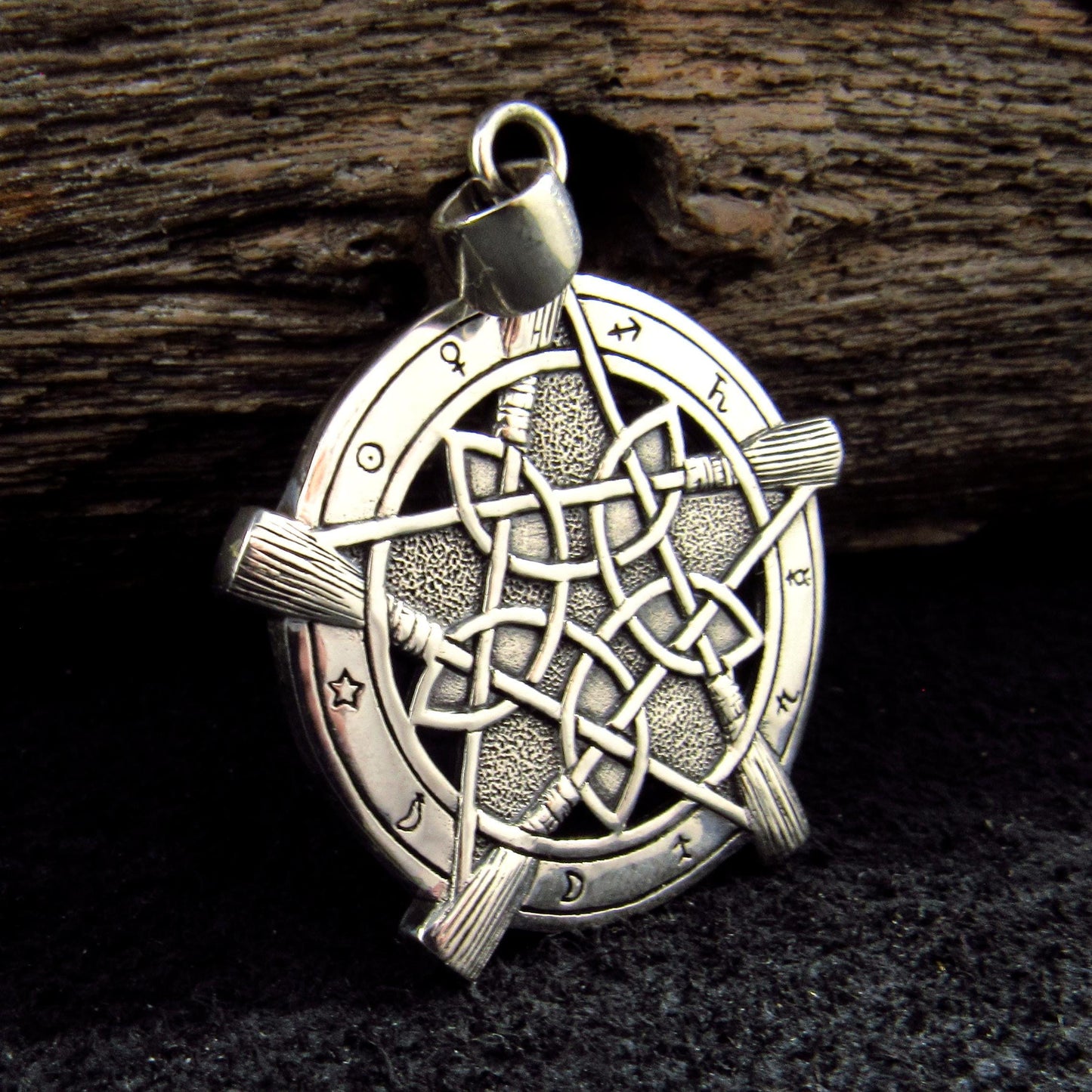 Solid 925 Sterling Silver Universal Broom Pentacle Pendant with Zodiac Symbols, Pagan Jewelry Amulet