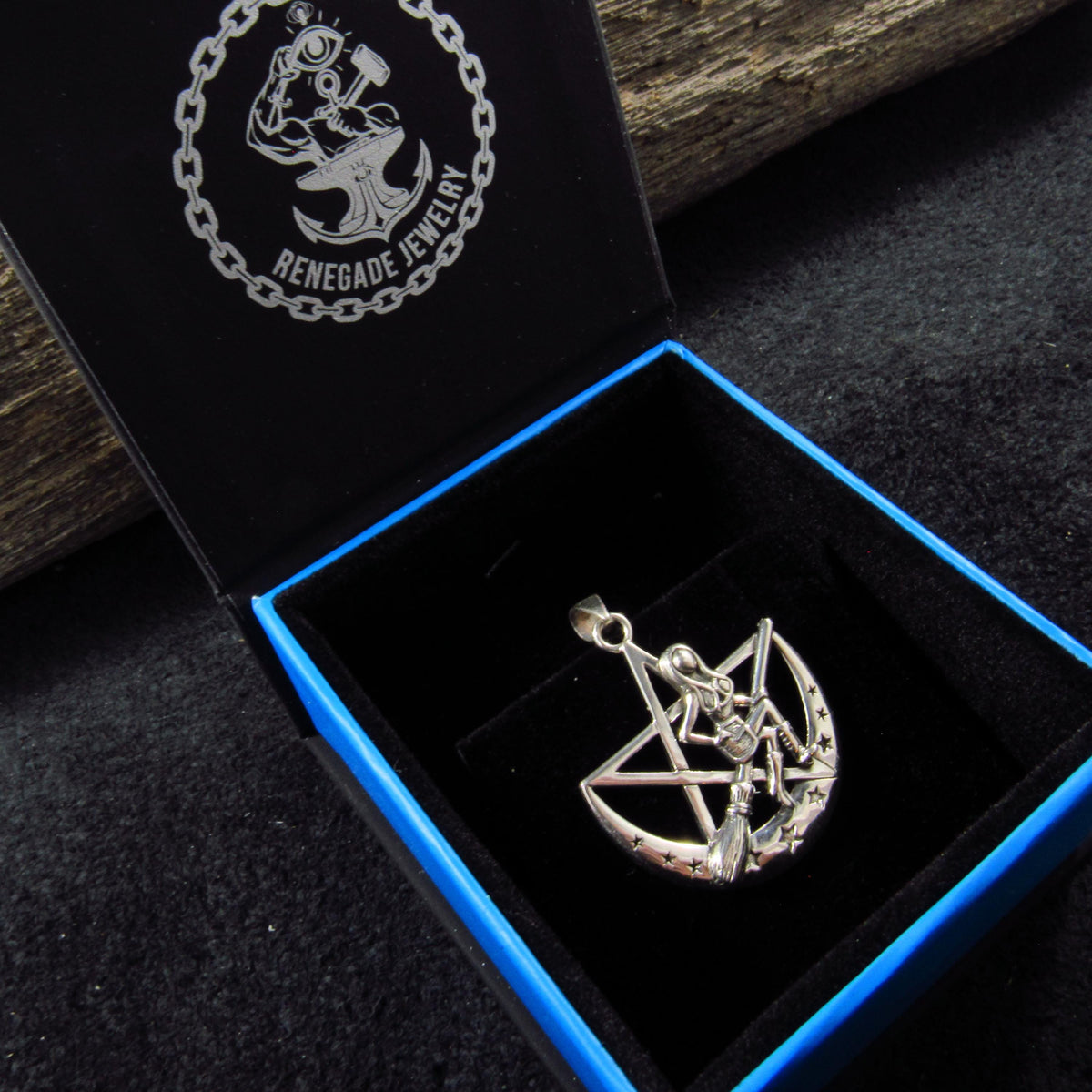 Solid 925 Sterling Silver Salem Witch on Crescent Moon Pentagram Pendant, Pagan Amulet