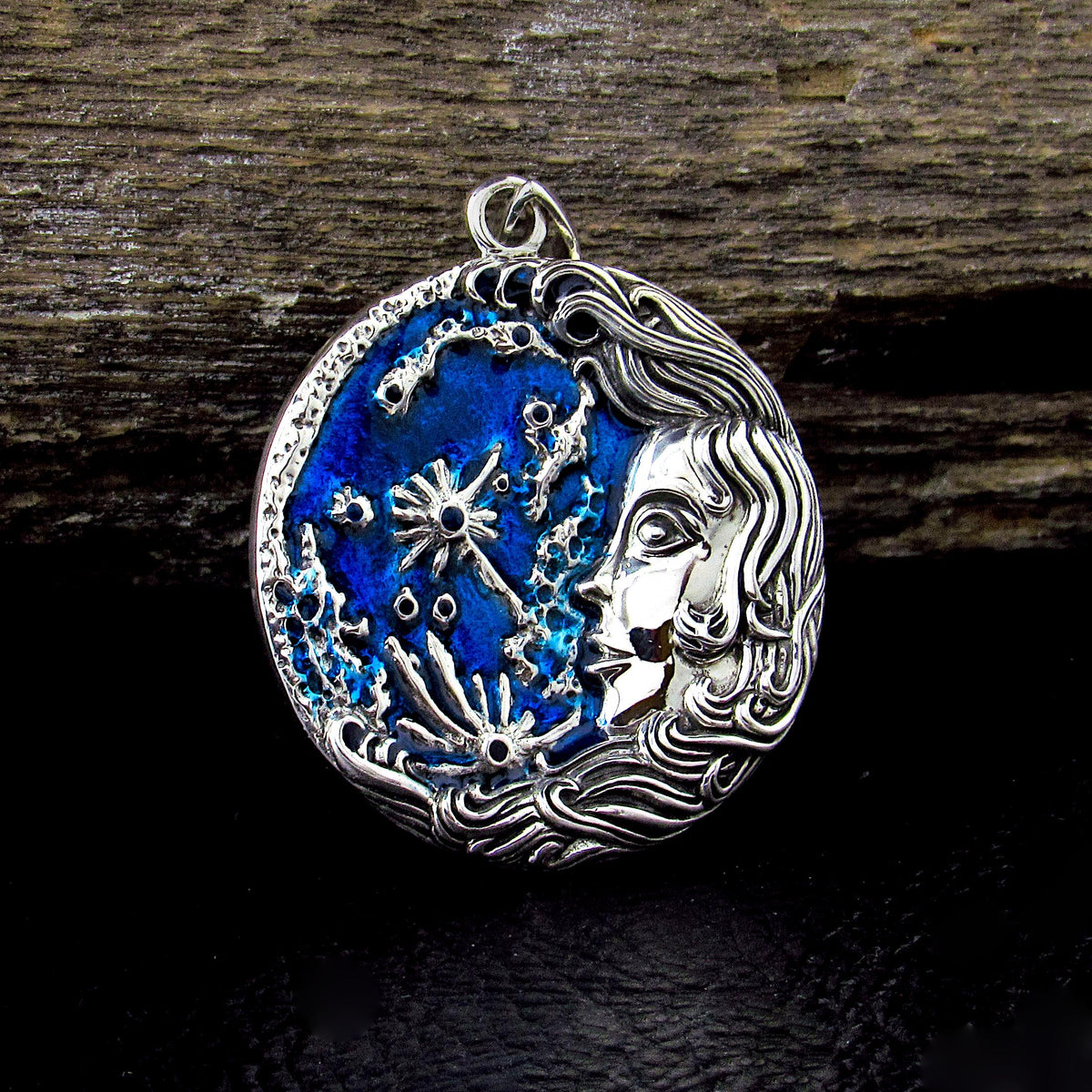 Solid 925 Sterling Silver Moon Maiden Pendant, Oberon Zell Blue Enamel Celestial Goddess Amulet