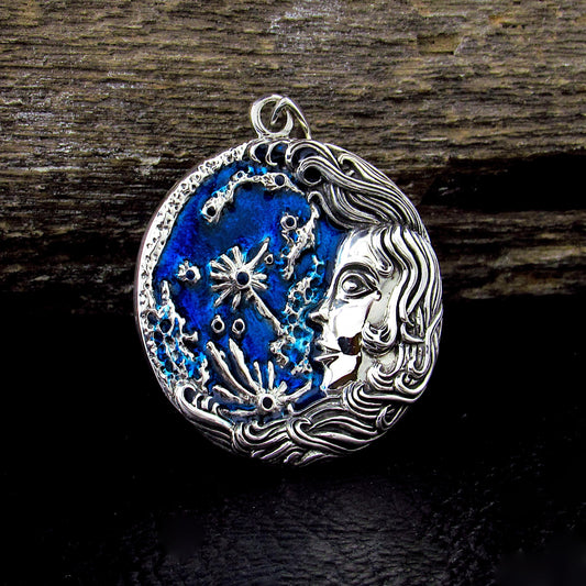 Solid 925 Sterling Silver Moon Maiden Pendant, Oberon Zell Blue Enamel Celestial Goddess Amulet