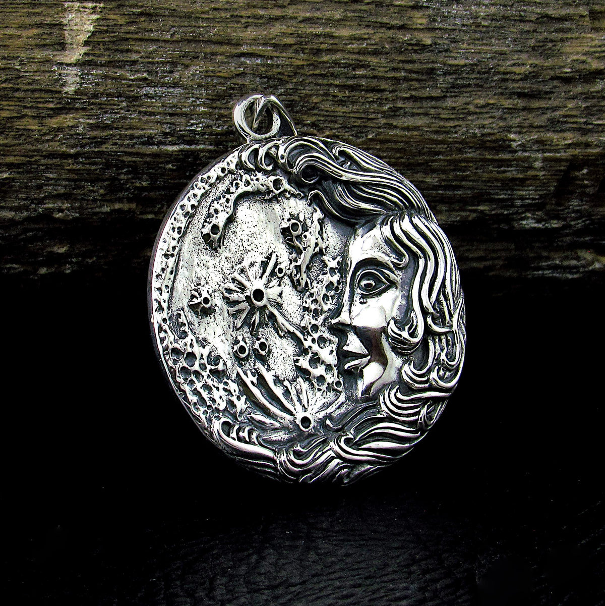 Solid 925 Sterling Silver Moon Maiden Pendant, Oberon Zell Blue Enamel Celestial Goddess Amulet