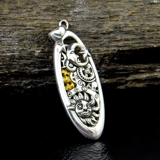 Solid 925 Sterling Silver Steampunk Sun, Moon, & Stars Necklace Pendant with 14K Gold Accents