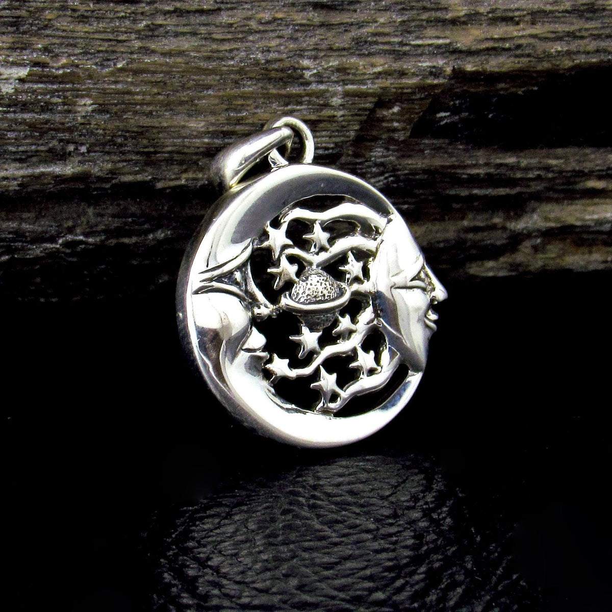 Solid 925 Sterling Silver Moon Faces & Stars Pendant with Saturn Planet - Cosmic Jewelry Amulet