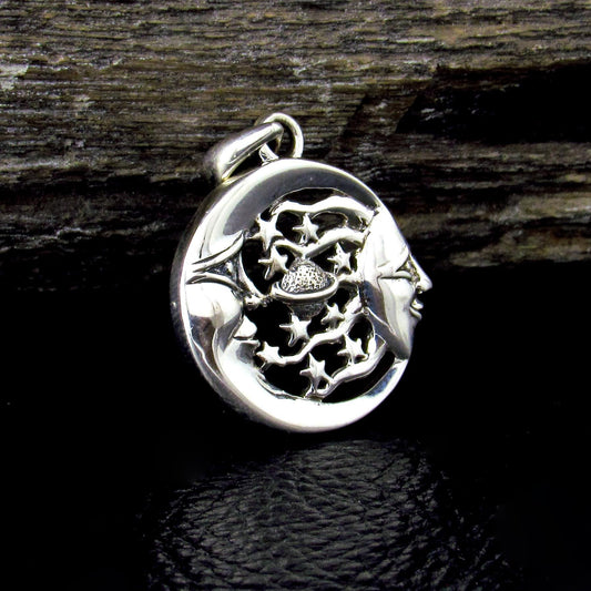 Solid 925 Sterling Silver Moon Faces & Stars Pendant with Saturn Planet - Cosmic Jewelry Amulet
