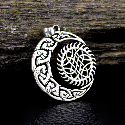 Solid 925 Sterling Silver Crescent Moon And Sun Pendant, Celtic Zoomorphic Beasts Amulet