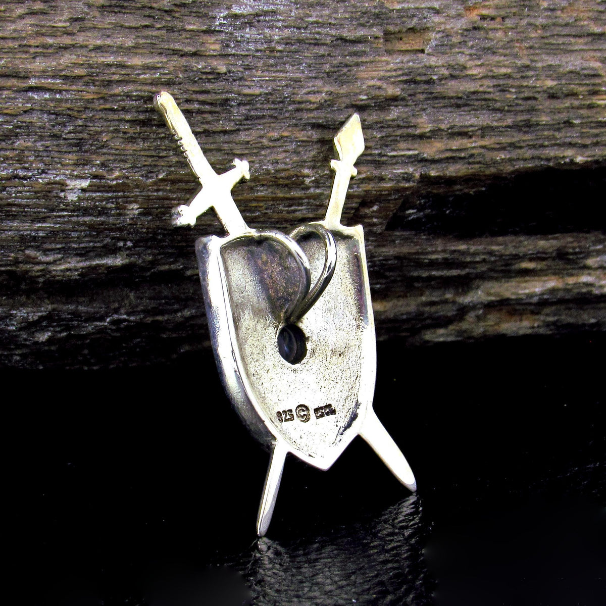 Solid 925 Sterling Silver Triple Moon Shield & Swords Pendant, Amethyst or Rainbow Moonstone