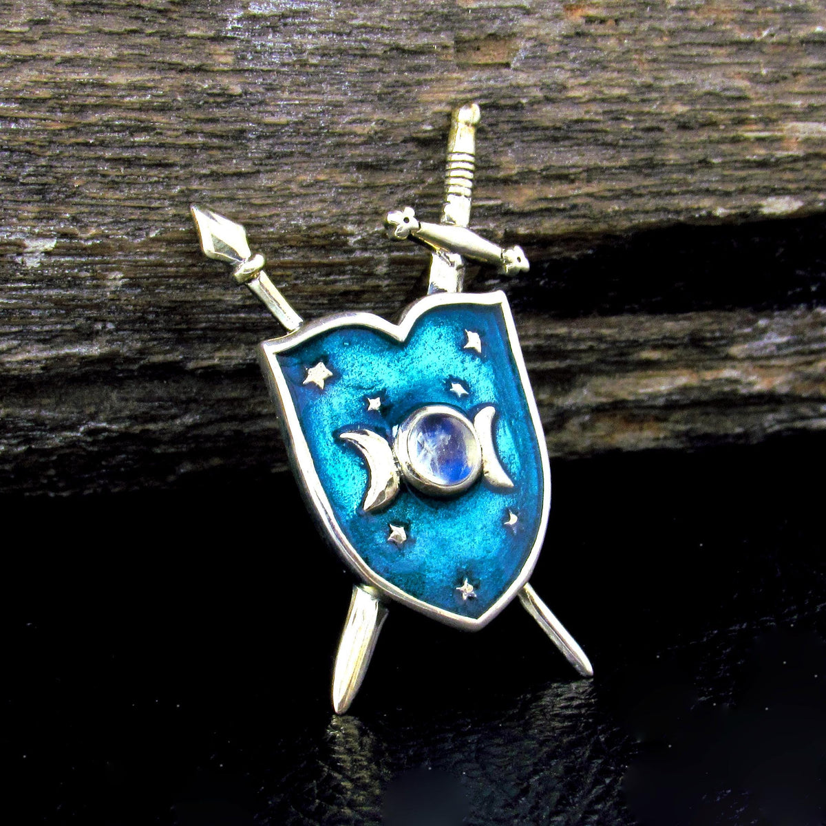 Solid 925 Sterling Silver Triple Moon Shield & Swords Pendant, Amethyst or Rainbow Moonstone
