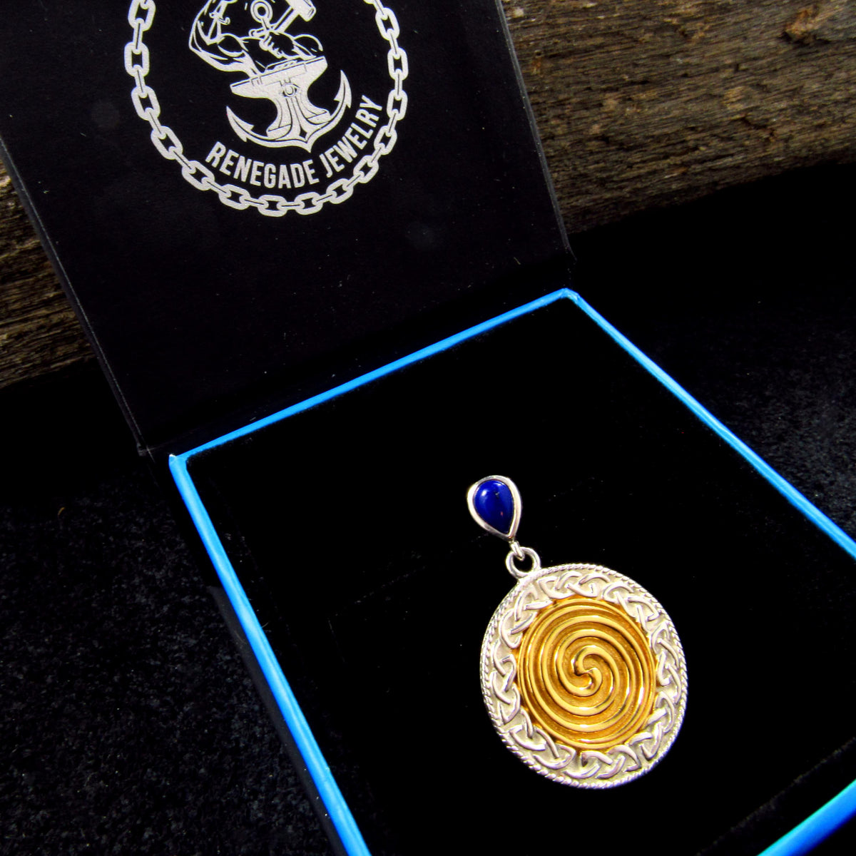 Solid 925 Sterling Silver & 18K Gold Celtic Spiral Pendant with Lapis Lazuli