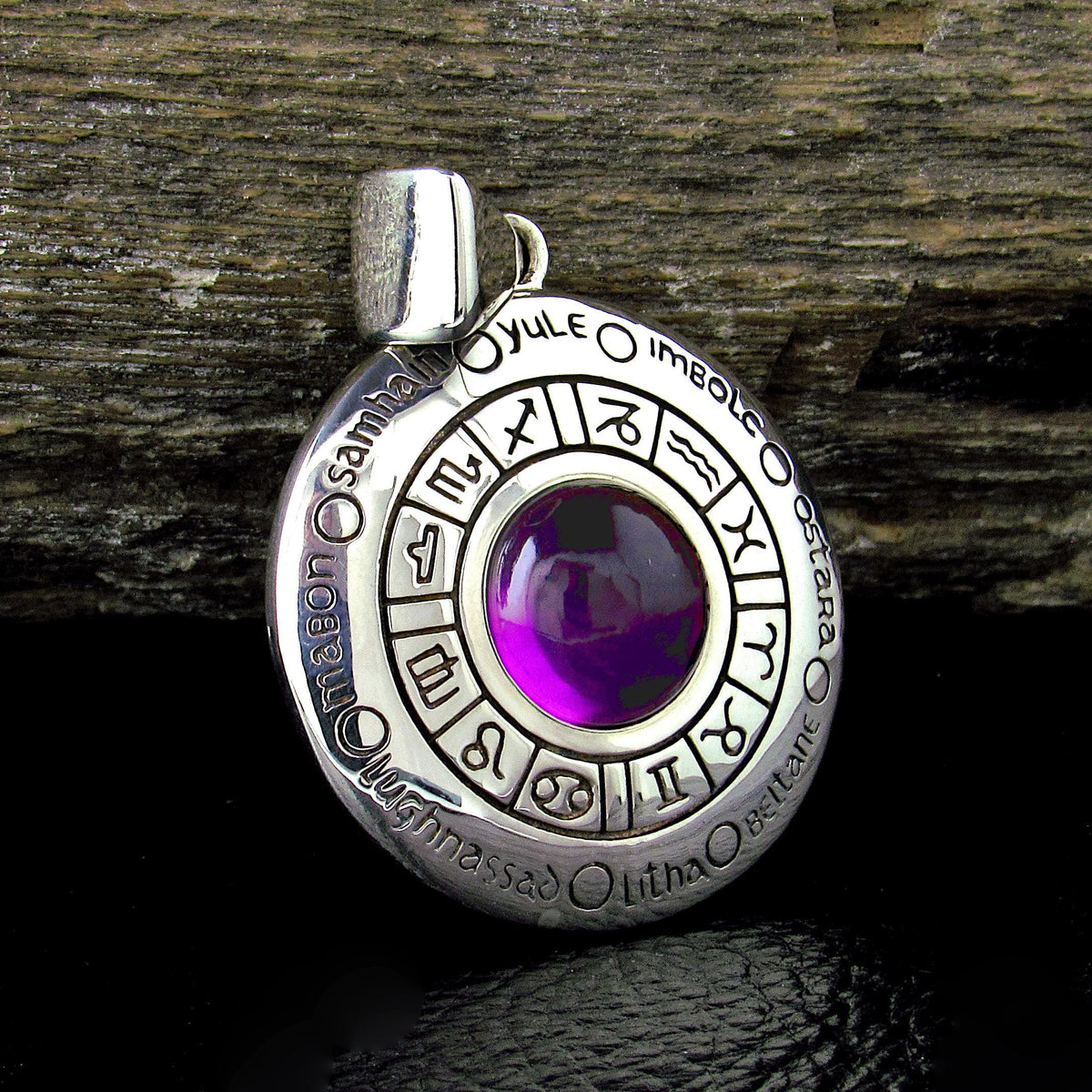 Solid 925 Sterling Silver Wheel of the Year Zodiac Pendant With Amethyst or Moonstone